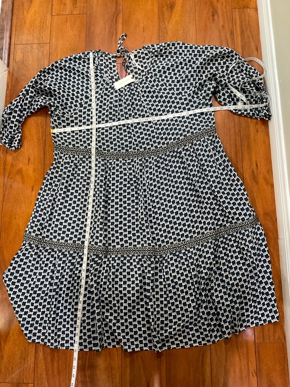 Anthropologie Navy and White Printed Peasant Dress - Picture 4 of 4